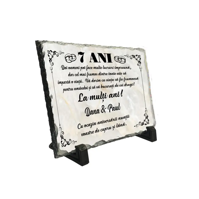 7 ani aniversare, piatra ardezie personalizata, cu mesaj model, pap004